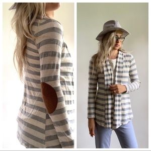Chic Striped Gray and White Cardigan with Elbow Patches